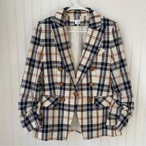 Veronica Beard Oneta Dickey Jacket Plaid Navy Camel Ruched Sleeves Size 6